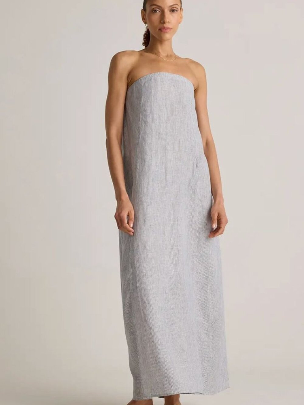 Quince Strapless Linen Maxi Dress in Light Gray
